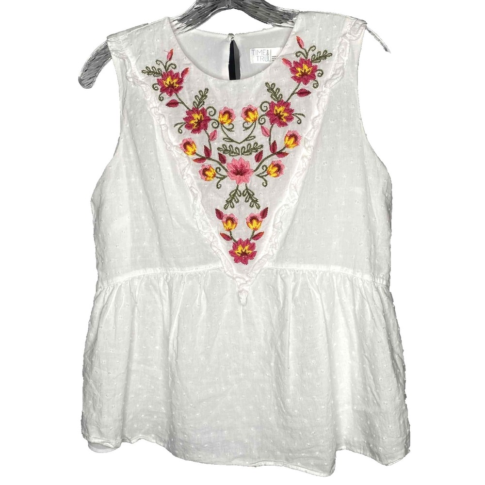 Women's White Floral Embroidered Boho Sleeveless Blouse Size small cottagecore‎